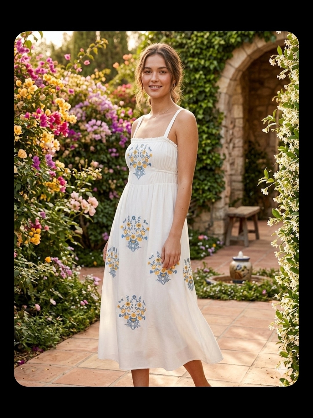 Sleeveless White Maxi Dress with Blue & Yellow Floral Embroidery